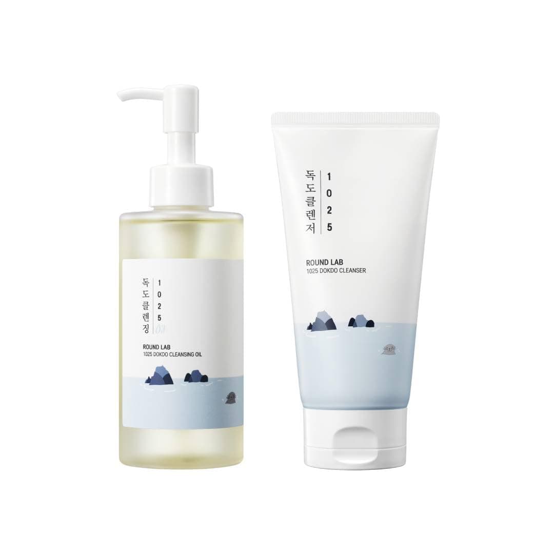 ROUND LAB Dokdo 2-Step Pore Purifying Cleanser Duo for Facial Cleansing, 1025 Dokdo Cleansing Oil and Cleanser, Makeup Blackhead Remover for Sensitive Skin, Easy to Wash, Korean Skin Care