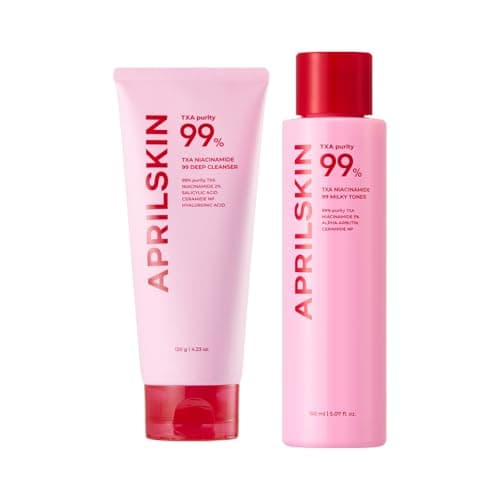 APRILSKIN TXA Affordable Daily Skincare set: TXA Niacinamide 99 Pore Care Pink Bubble Gum Deep Cleanser and TXA Niacinamide 99 Pink Milky Toner