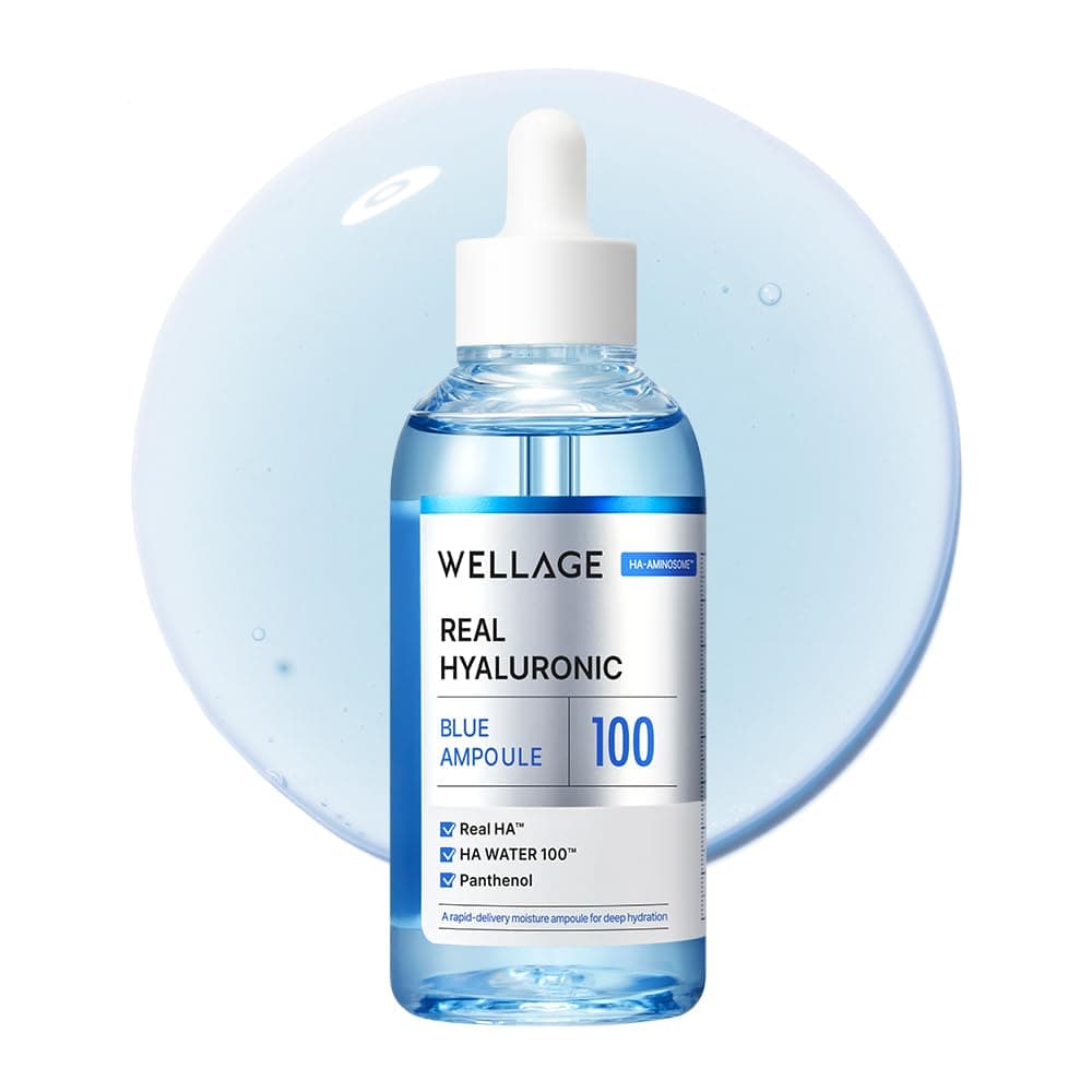 WELLAGE Real Hyaluronic Blue Ampoule 100, Korean Hydrating Serum for Face, Fragrance Free Hyaluronic Acid Deep Moisturizing Serum with Panthenol, PDRN for Sensitive Dry Skin Moisturizer, 2.54 Fl Oz_R
