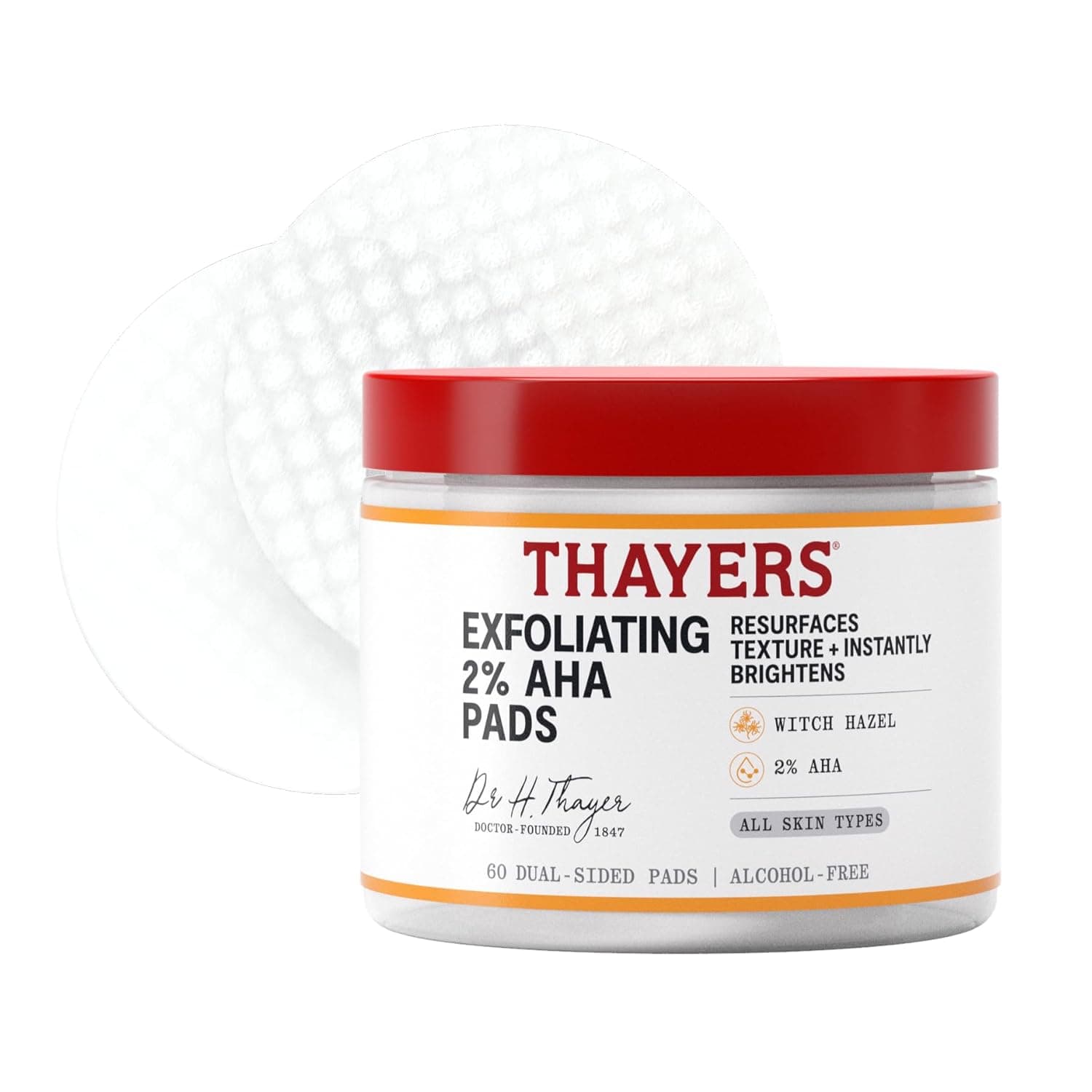 Thayers Exfoliating 2% AHA Toner Pads, Dual-Sided Exfoliating Pads with Witch Hazel, Glycolic Acid and Lactic Acid to Resurface Skin Texture and Instantly Brighten, For All Skin Types, 60 Count