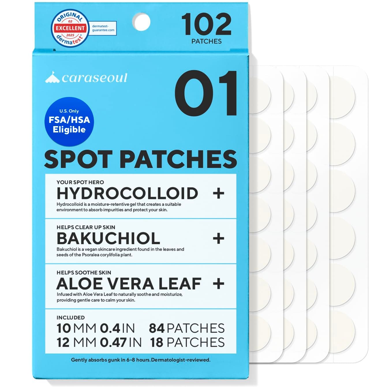 caraseoul Pimple Patches, 2 Size Hydrocolloid Acne Patch for Zits and Blemishes, Bakuchiol & Aloe Vera, Korean Skin Care, Easy to Use – Dermatology Tested (102 Count)
