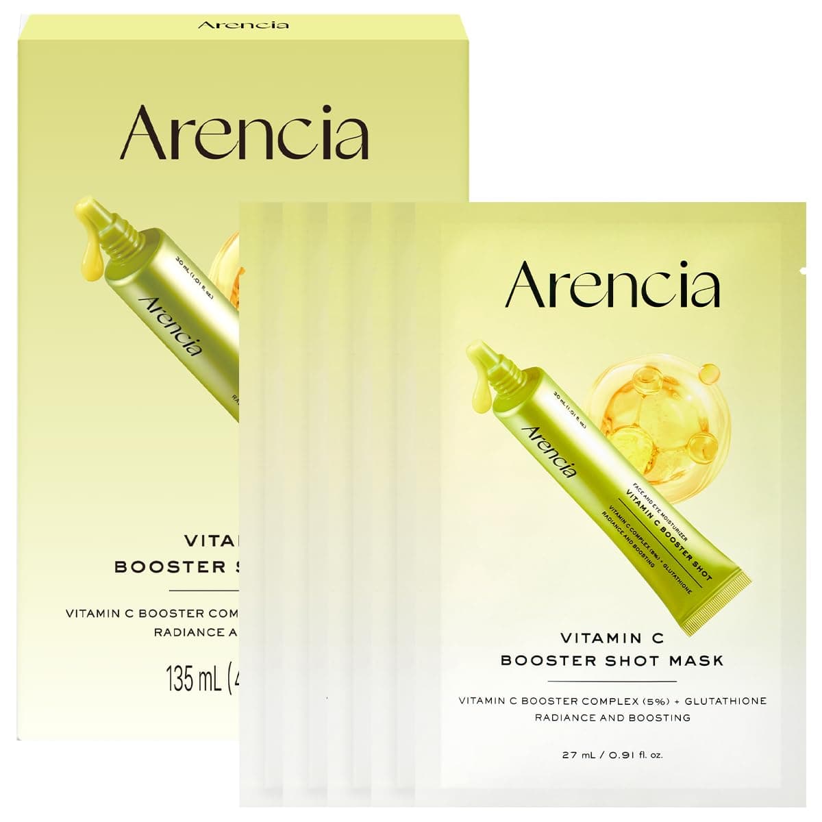 ARENCIA Vitamin C Booster Sheet Mask, Hydrating Face Mask with Glutathione & Niacinamide, Supports Even-Looking Skin Tone & Smooth Texture, 5 Sheets