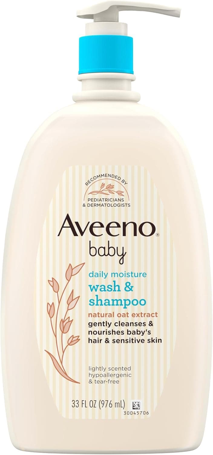Aveeno Baby Daily Moisture Body Wash & Shampoo with Oat Extract, Hypoallergenic, Tear-Free, No Added Parabens, pH-Balanced Formula For Sensitive Hair & Skin, Baby Essentials, 33 fl oz 1
