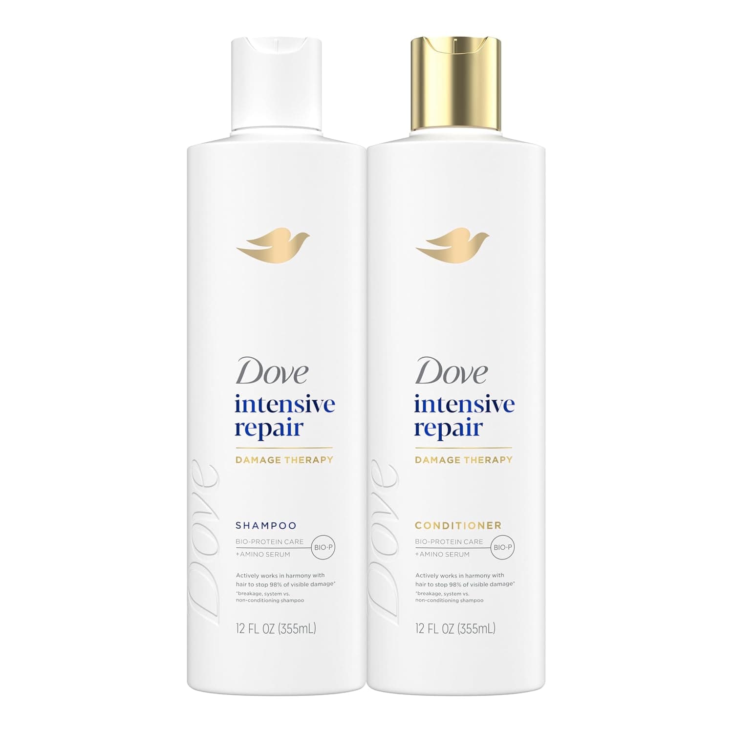 Dove Shampoo and Conditioner Intensive Repair 2 Count for Damaged Hair Bio-Protein Care Technology and Amino Serum 12 Fl Oz