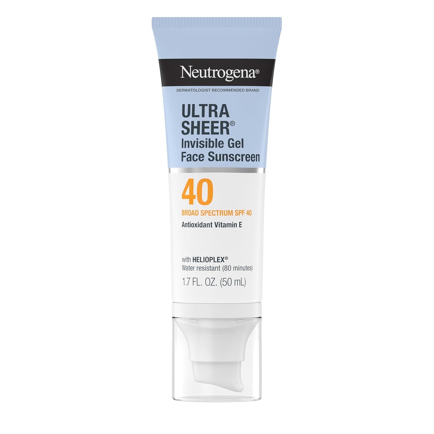 Neutrogena Ultra Sheer Invisible Gel Face Sunscreen SPF 40, Facial Sunscreen & Moisturizer, Vitamin E, Matte Finish, Makeup Primer, Travel Size, 80 Minutes Water-Resistant, 1.7 oz 1