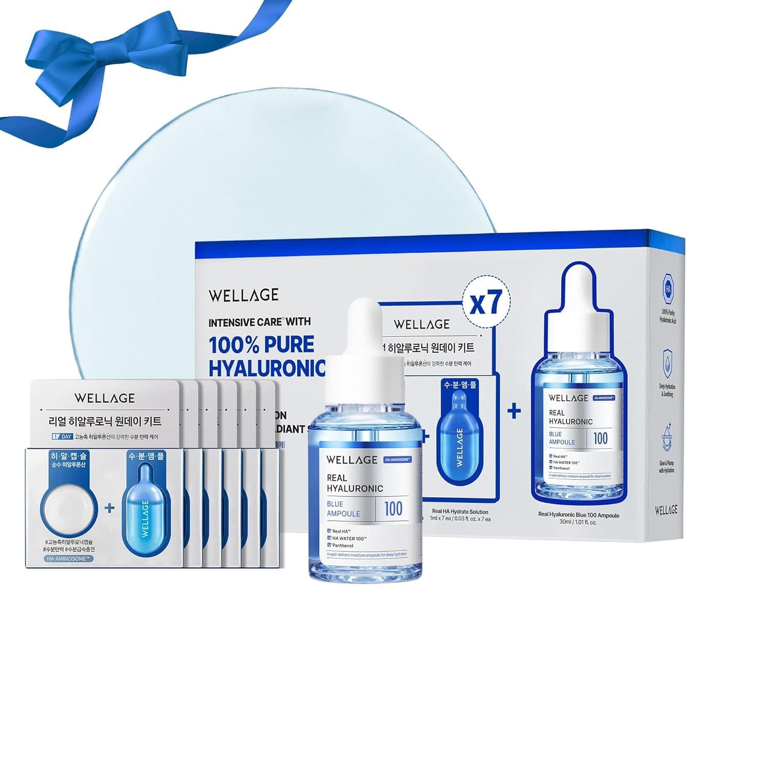 WELLAGE Real Hyaluronic Blue Ampoule 100 Korean Serum, Fragrance Free Hyaluronic Acid Ampoule with Panthenol, Wild yam, Centella for Sensitive Dry Skin Moisturizer 1.01 fl.oz+ HA Oneday Kit 7ea