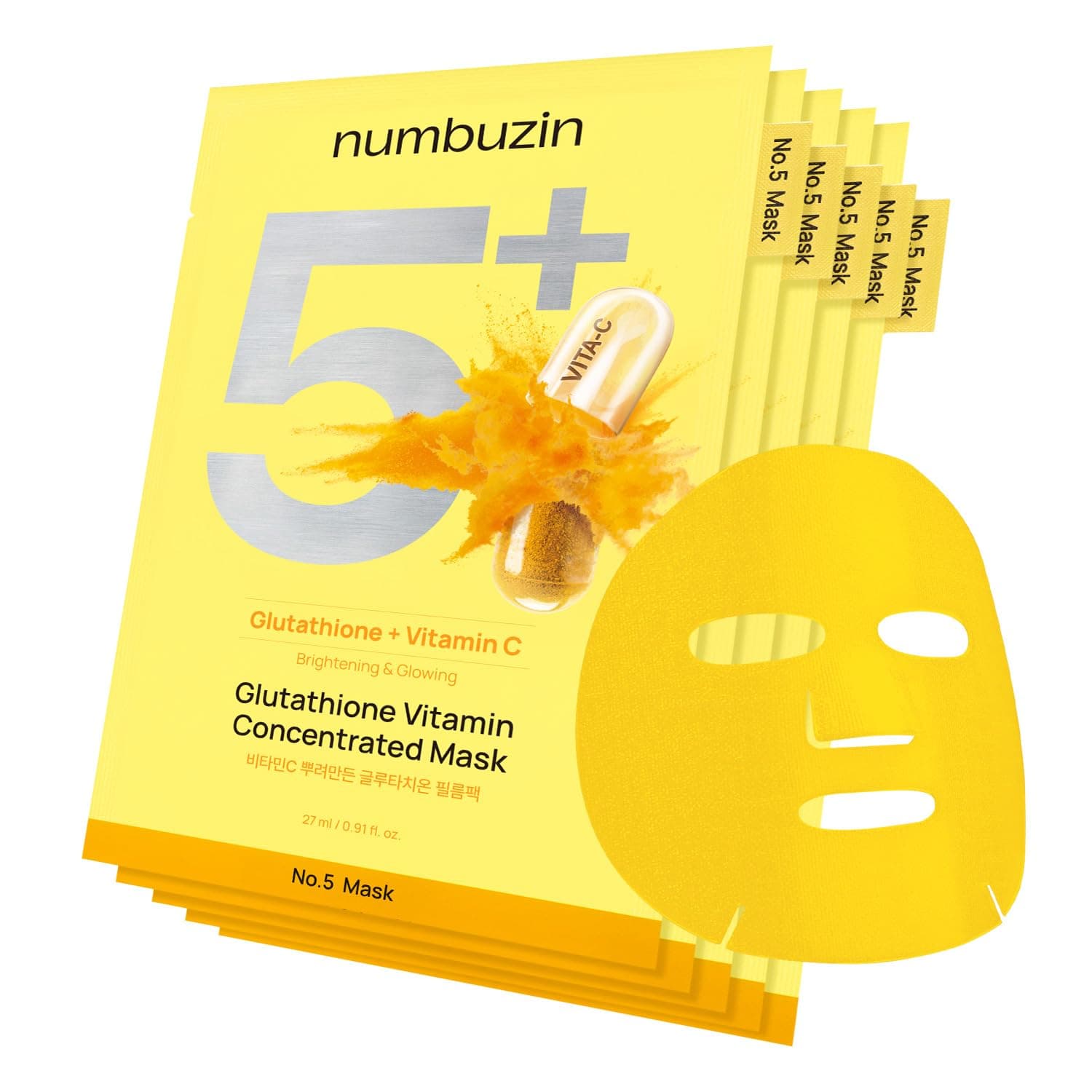 numbuzin No.5 Sheet Mask | Vitamin Spotlight Sheet Mask | Glutathione and Vitamin C | Reduces Hyperpigmentation, Improves Skin Complexion | Gentle and non-irritating | 5 sheet 1
