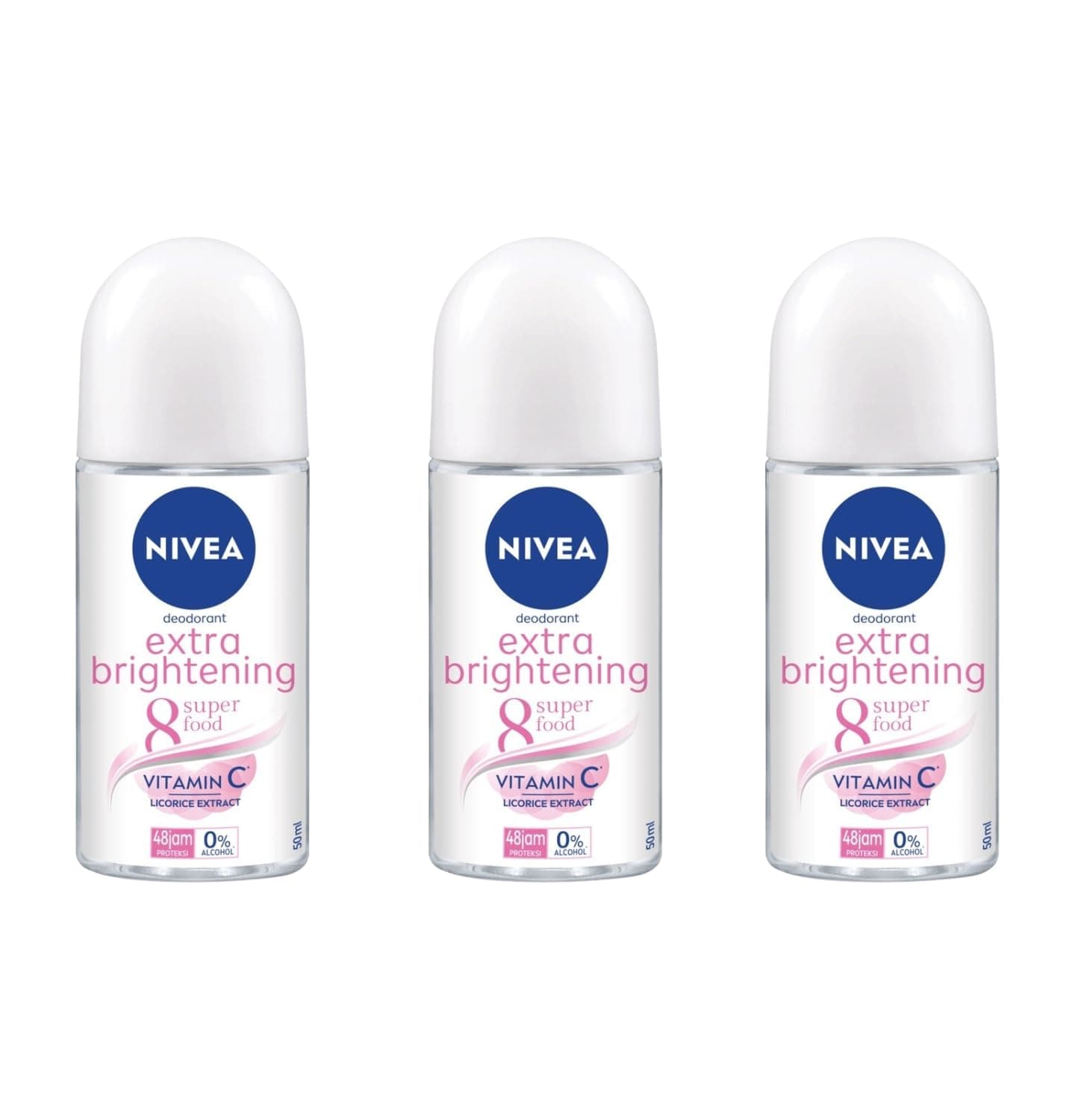 NIVEA Extra Brightening Flavor, Roll-On Deodorant, Alcohol-Free, 48HR Odor Protection, 50ml, 1.69oz, Pack of 3