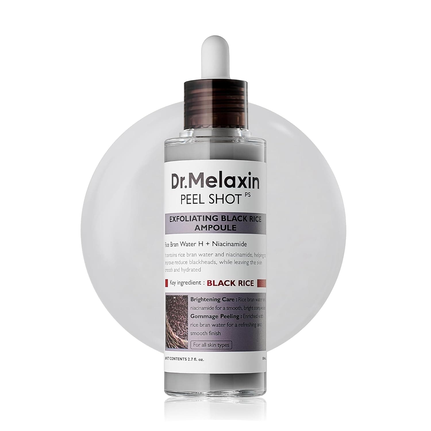 Dr.Melaxin Peel Shot Exfoliating Black Rice Ampoule 2.7 fl.oz - Rice Water AHA BHA Niacinamide Serum for Dead Skin Cells, Blackheads and Pores, Glass Skin Glow, Korean Skin Care Exfoliant 1