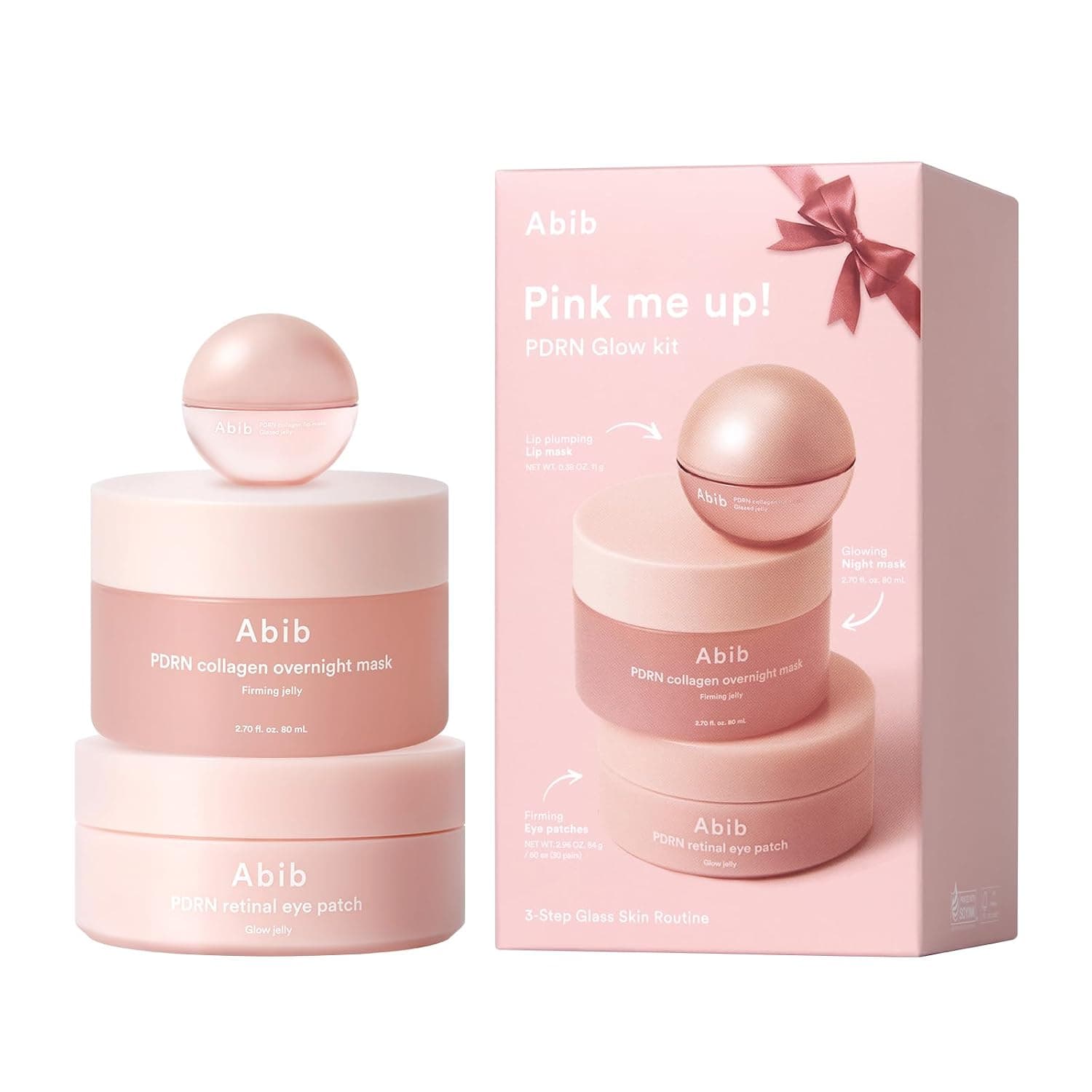 Abib Pink Me Up Pdrn 3 Step Glow Kit | Overnight Firming Jelly Mask, PDRN Retinal Eye patches, PDRN Lip Mask | Mothers Teen Korean Skincare Set for Glass Skin, Birthday Gifts for Women