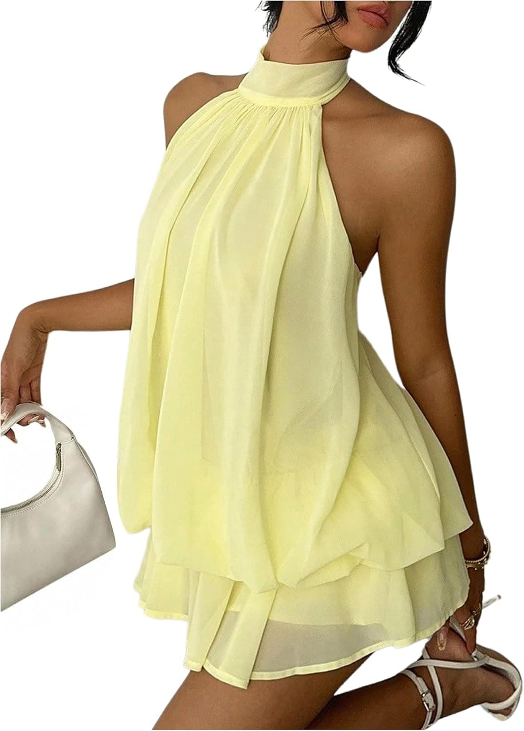 Verdusa Women's Chiffon Halter Drop Waist Wedding Guest Dresses Ruffle Summer Mini Dress Brunch Outfits