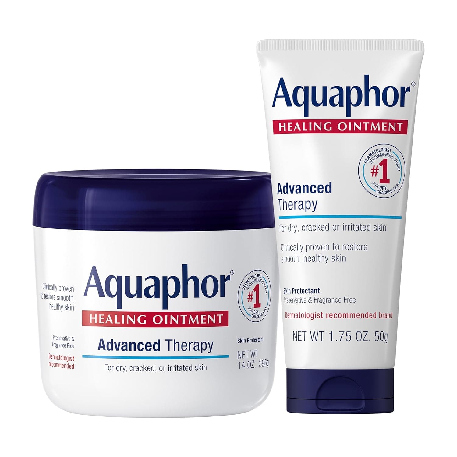 Aquaphor Healing Ointment Advanced Therapy Skin Protectant Skin Care Set, Body Moisturizer for Dry Skin, Minor Cuts and Burns, Dry Cuticles, Cracked Heels, Hands and Lips, 14 Oz Jar + 1.75 Oz Tube
