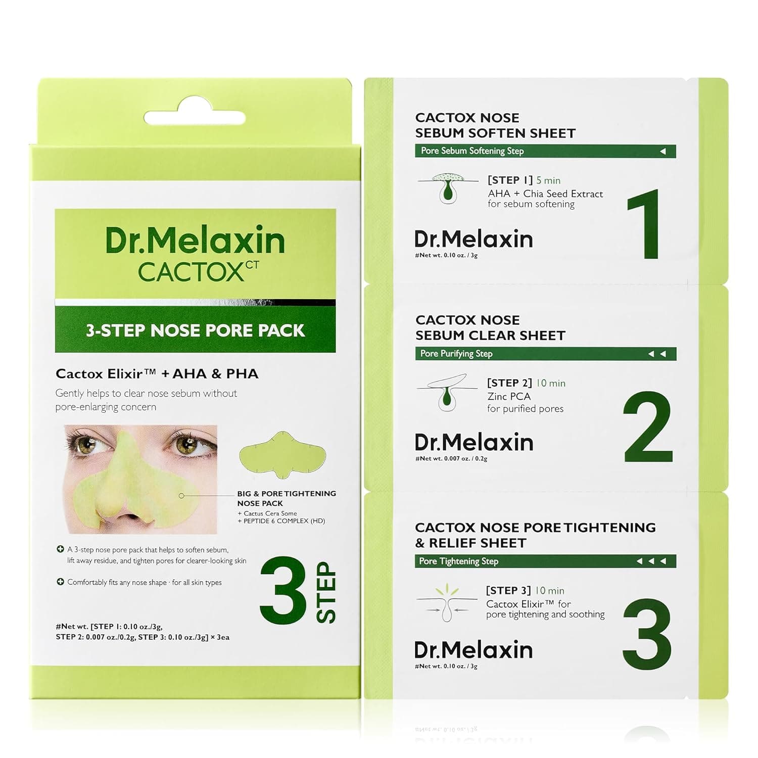 Dr.Melaxin CACTOX 3-STEP NOSE MASK PACK with AHA & PHA for Sebum Softening Pore Tightening Skin Repair 3-Step Nose Pore Pack 1