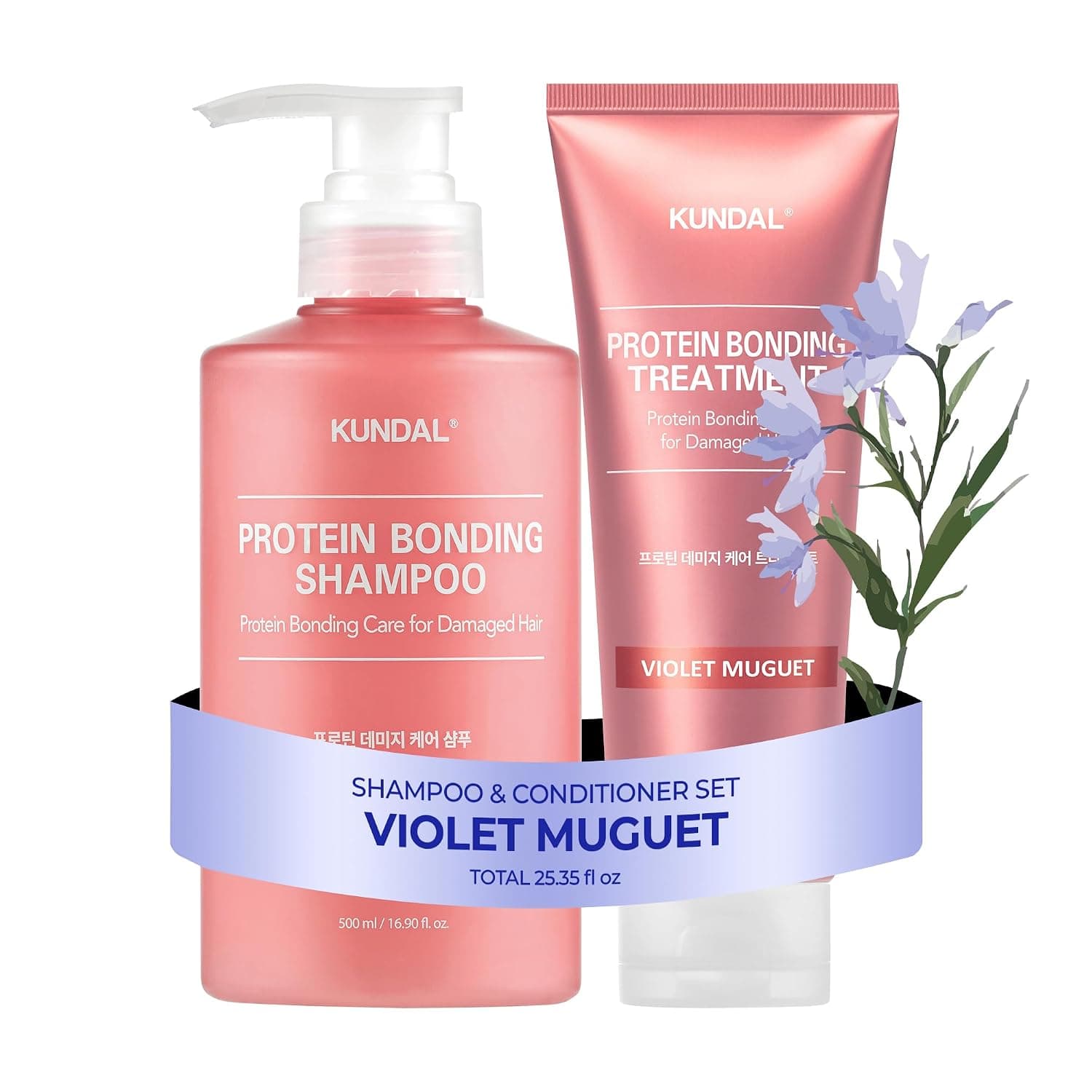 KUNDAL Protein Bonding Shampoo and Conditioner Set Korean Hair Care, Damage Repair, Frizz Control, Heat Protection, 16.9fl oz (VIOLET MUGUET)