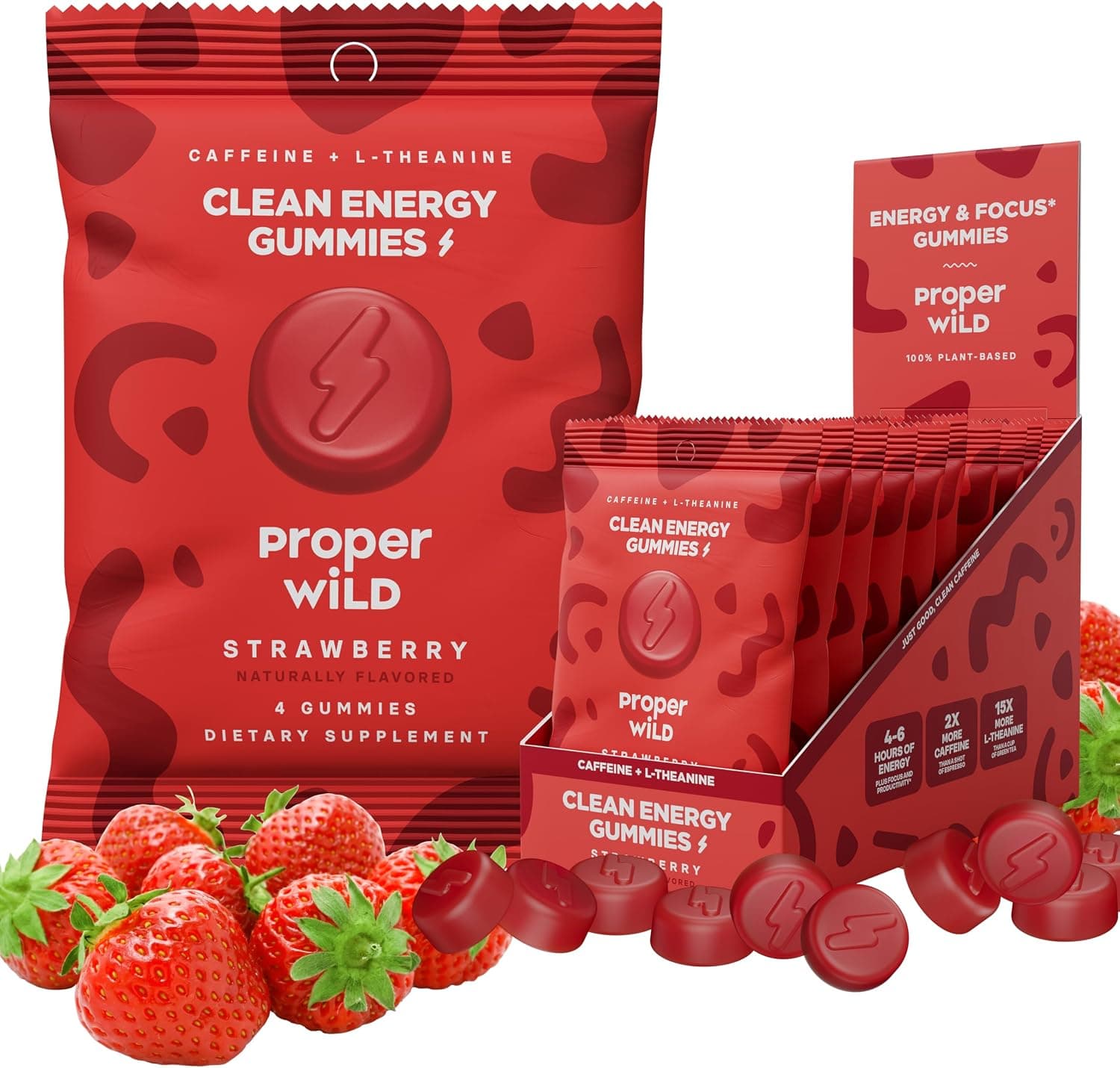 Proper Wild Energy Chews & Gummies for Focus & Clean Energy, Vegan with L-Theanine & Organic Caffeine, Plant-Based, Gluten-Free, Non-GMO, Strawberry (10-Pack)