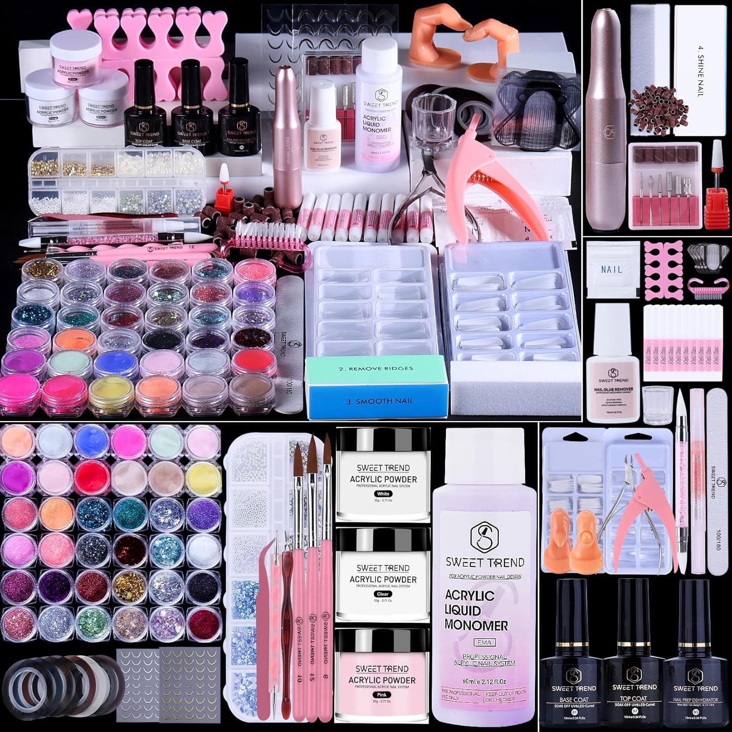 Acrylic Nail Kit with Everything: Beginners Set with Drill - Professional Acrylic Powder Glitter Monomer False Tips Top Base Coat Starter Kit - Full Decorations Nail Supplies for Nail Extensions Gift 1