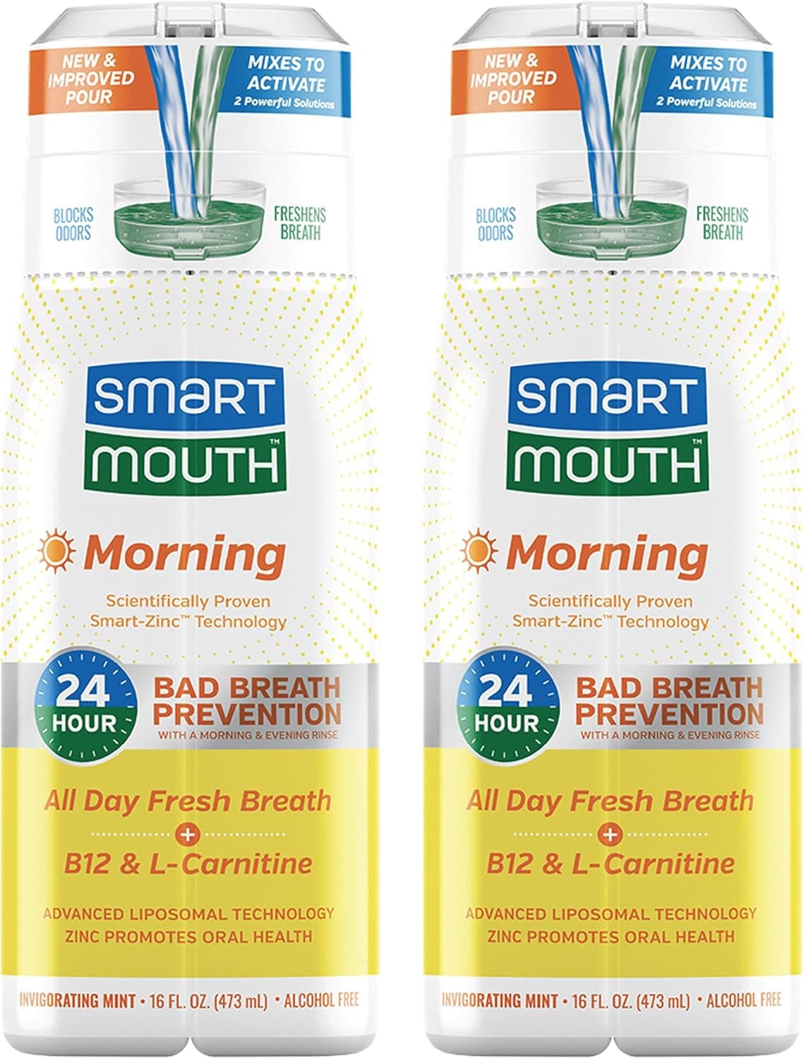 SmartMouth Advanced Liposomal Morning Mouthwash - All-Day Fresh Breath - Vitamin B12 & L-Carnitine - Dual-Solution Zinc-Activated Morning Mouthwash - Invigorating Mint Flavor - 16 fl oz Each, 2-Pack