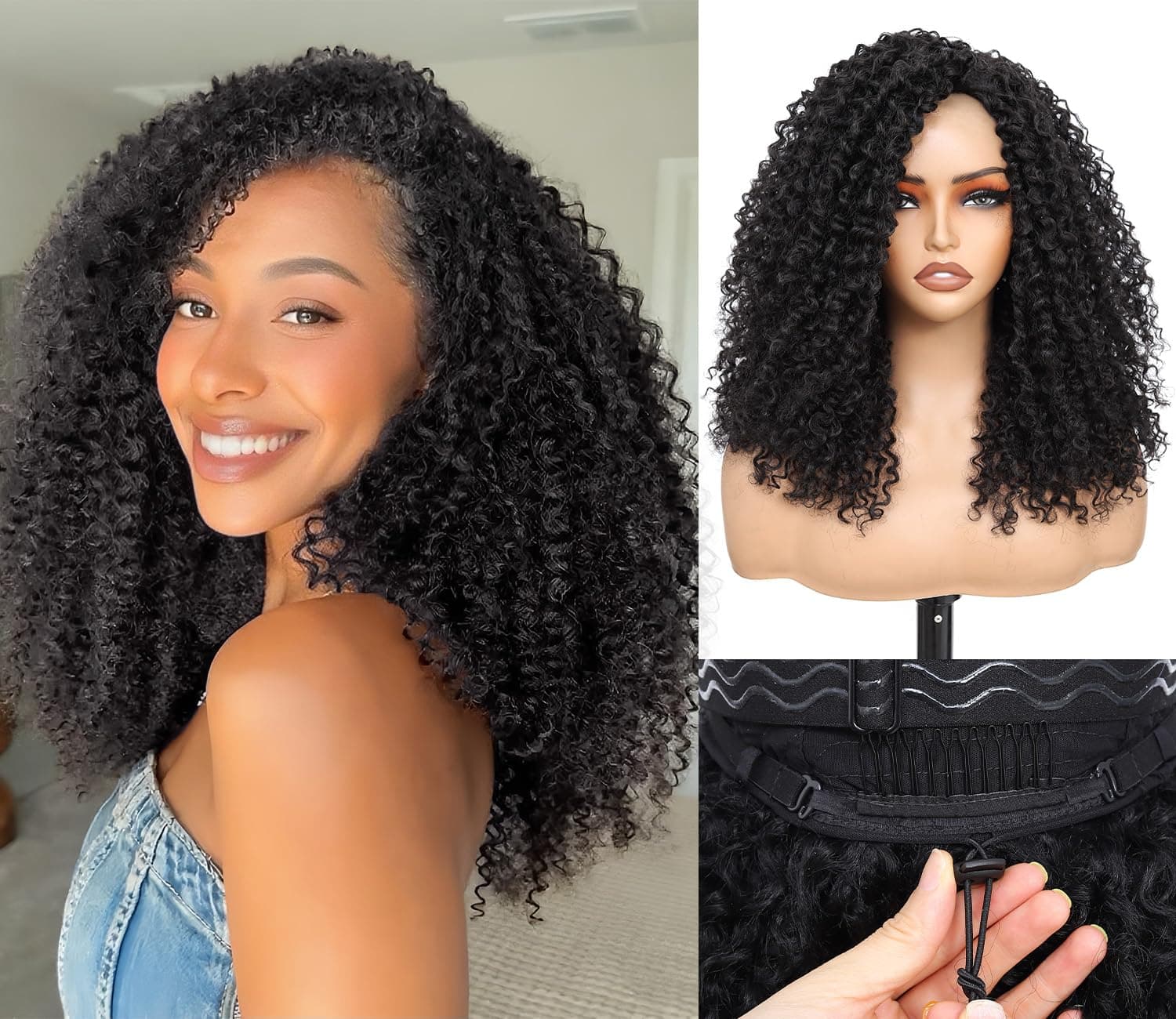 Fine Plus Kinky Curly Half Wig 3 in 1 Glueless Wig Wear And Go Wigs for Black Women 18Inch Protein Synthetic Curly Wig Soft Human Hair Feels Ready-to-Wear Beginner Friendly Daily/Work/Party Use 2#