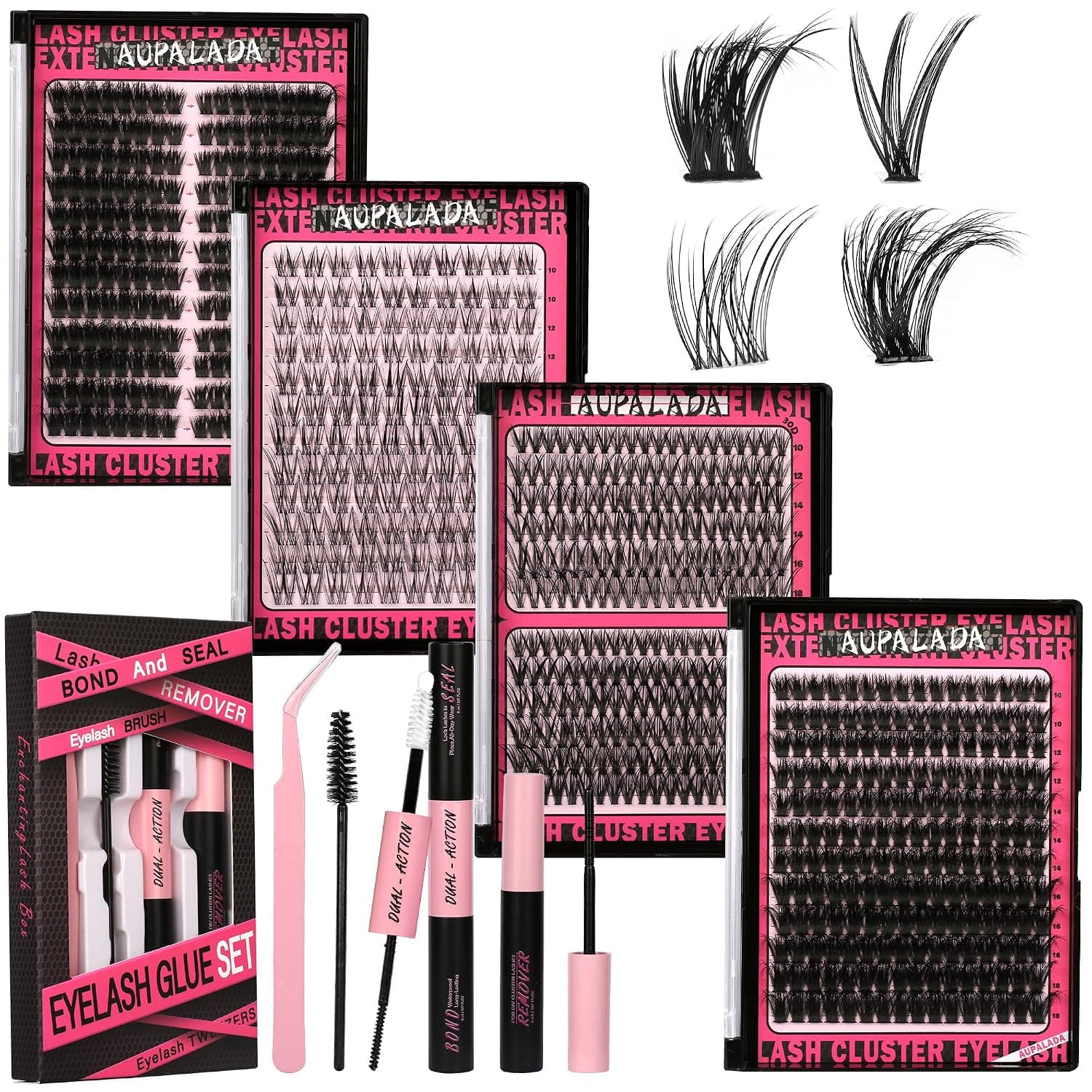 DIY Lash Clusters Kit 4 Styles Mixed Lashes Gift Box Kit D Curl Fluffy Wispy DIY Individual Clusters Natural Extension with Bond and Seal,Brush,Tweezers and Lash Remover Suitable for beginners