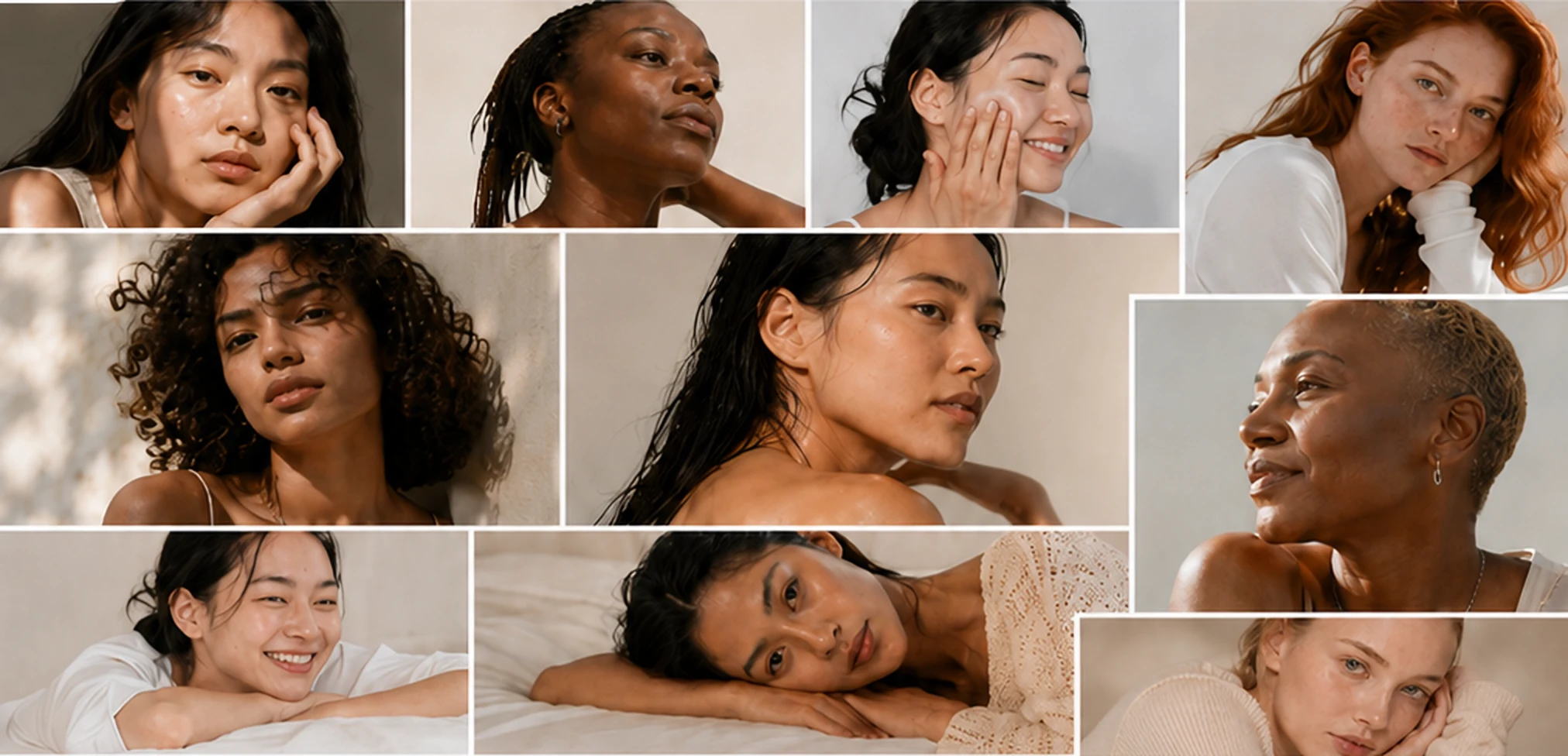 Editorial collage of diverse people and skincare details